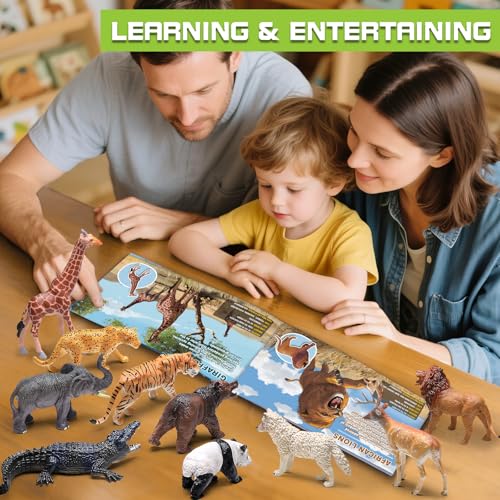 13 Pack Animal Figures with Booklet, Safari Jungle Animal Figurines | Realistic Safari Animals Figures for Kids, Plastic Zoo Animals Figurines for Toddle, Jungle Birthday Party Favor for Boy Girl