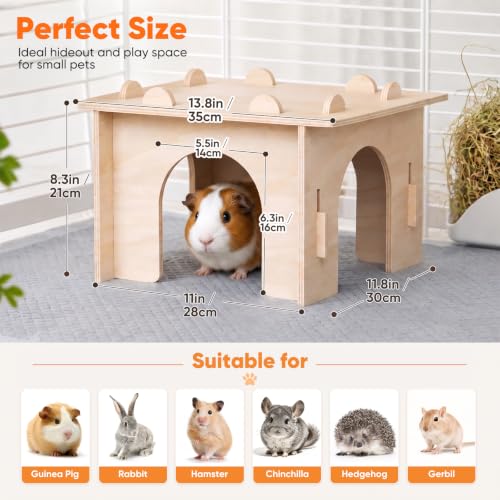 Guinea Pig Hideout, Large Wooden Guinea Pig House Hut, Bunny House | 8mm Premium Thickened Boards, Spacious Room & Multi-Opening for Better Ventilation, Tool-Free Assembly, Sturdy Construction - size: Style 1: 11.8 x 11 inches