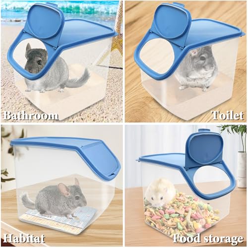BNOSDM Large Chinchilla Sand Bath Container Large Chinchilla Dust Bath Tub Transparent Hamster Toilet Shower Room Plastic Hamster Bathroom Kit with Leaky Scoop for Big Mice Hedgehog Squirrel (Blue)