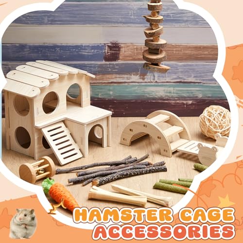 8 Pcs Hamster Cage Accessories Hamster Starter Kit with Maze Wood House, Bridge, Seesaw, Chew Toys Set for Gerbils and Mice Small Animals Habitat Supplies(Fun Villa) - style: Fun Villa