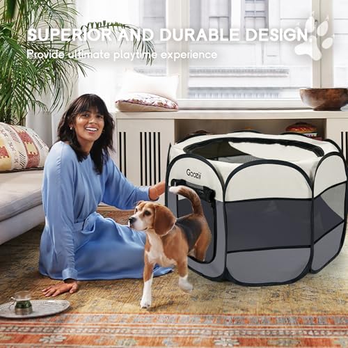 Goozii Pet Cat Playpen for Indoor Cats Enclosed, Puppy Dog Play Pen for Outdoor Travel Camping (Medium Size, Beige & Dark Grey) - color: Beige-Grey, style: M [35.5" x 35.5" x 23.1"]