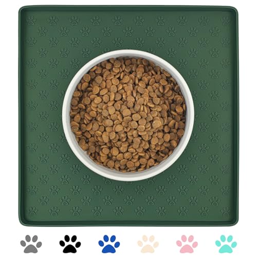 Ptlom Pet Placemat for Dog and Cat, Waterproof Silicone Pet Feeding Bowl Mats for Food and Water, Small Medium Large Dogs Mat Prevent Residues from Spilling to Floor, Hunter, 11.8"x11.8" - color: Hunter Green, size: 11.8"L x 11.8"W