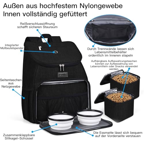 BAGLHER丨Dog Travel Bag, Airline Approved Pet Supplies Backpack, Dog Travel Backpack Accessories Set with 2 Silicone Collapsible Bowls and 2 Food Baskets. Black - color: Black-A