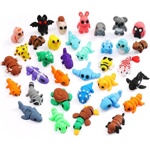 MONJITA 35 pcs Mini 3D Printed Animal Figurines, Flexible Articulated Fidget Toys, Cute Desk Decor, Party Favors, Goodie Bag Stuffers, Gifts for Kids Students Carnival Prizes Rewards (35pcs) - size: 35pcs Animals