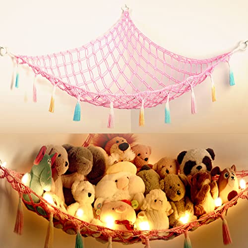 Stuffed Animal Net or Hammock with Light,Yewiwin Macrame Hanging Net Hammock for Stuffed Animal Toy Storage Organizer Boho Decor Room Holder for Nursery Play Room Bedroom (Pink) - color: Pink(42"*42"*57")