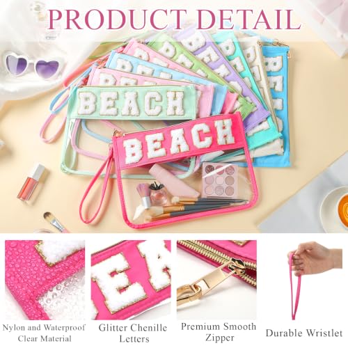 Kacctyen 20 Pcs Chenille Letter Beach Bags Cheerleader Clear Makeup Bags Snacks Pouch Bulk Preppy Patch Cosmetic Pouch with Wrist Strap Zipper for Travel Team Cheerleaders (Classic Color) - color: Classic Colo