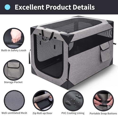 36 Inch Portable Travel Dog Crate, 3 Door Collapsible Soft Pet Kennel with Durable Mesh Windows for Medium Dogs, Foldable Dog Cage with Storage Pocket for Outdoor (Light Grey) - color: Light Grey, size: 36.0"L x 25.0"W x 25.0"H