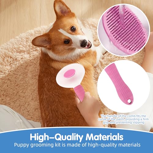 Aglads 3PCS Cat Rabbit Bunny Dog Grooming Kit, Self-Cleaning Slicker Cat & Dog Brush for Shedding, Fine-Needle Comb, Pet Nail Clipper & File for Long/Short-Haired Pets, Easy to Remove Loose (3, pink) - color: Pink