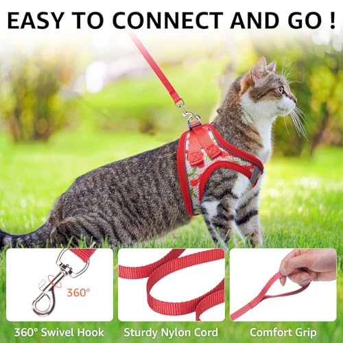 SCENEREAL Cat Harness & Leash Set Escape Proof - Adjustable Air Mesh Vest with Reflective Strips for Kittens, Puppies, Rabbits, Cherry S - color: Cherry, size: Small(Fit Chest 11.3-12.5in)