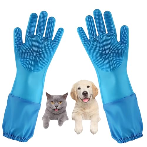 Dog Washing Gloves, Pet Grooming Gloves with Soft Brushes, Bathing and Massaging for Dogs and Cats, Silicone Heat Resistant Cleaning Gloves with High-Density Teeth (Blue) - color: Blue