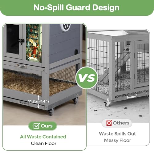 COZIWOW Rabbit Hutch Indoor Outdoor Bunny Cage with Wire Floors, Gray | 2 Wire Floors & Removable Trays, 2-Story Large Wooden Rabbit Cage on Wheels, Chewproof Ramp for Multiple Small Animals