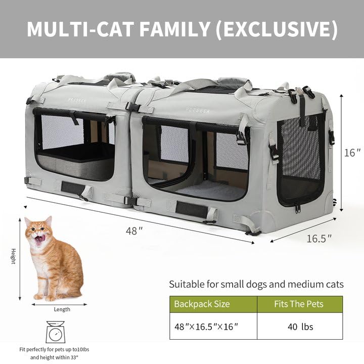Extra Large Cat Carrier Soft Sided, Portable Small Dog Carrier for 2 Cats, 24"x16.5"x16" Car Travel Folding Comfortable Design with Litter Box and Bowls, Grey-2+ Litter Box+ Bowl*2 - color: Grey-2