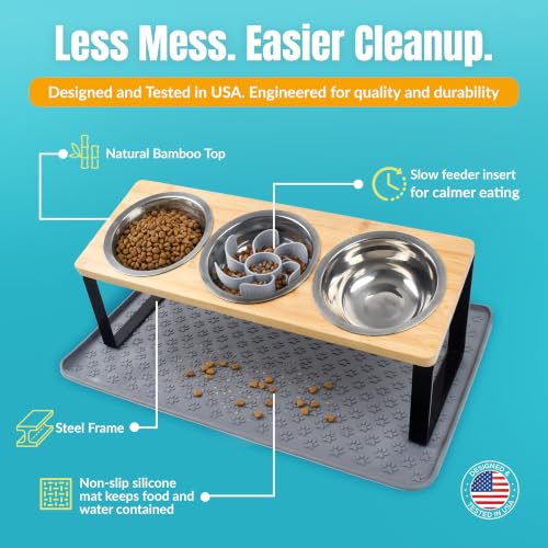 Elevated Cat Food Bowls, 3 Bowl Elevated Cat Feeding Station with Mat | Raised Cat Food Bowls Anti Vomiting,15° Tilted Cat Food Bowls & Elevated Slow Feeder Cat Bowls for healthier meals