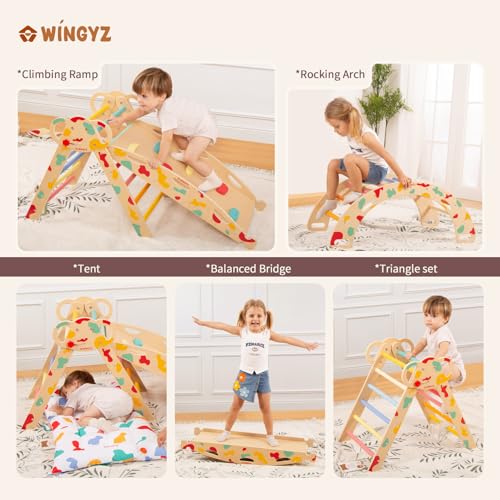 Pikler Triangle Set, Montessori 8-in-1 Climbing Set with Cushion | Wood Jungle Gym for 18M-5Y, Foldable, Reversible Animal Slide, Patent-Protected, 2.35in Gap, ASTM F963, Rainbow - color: Rainbow