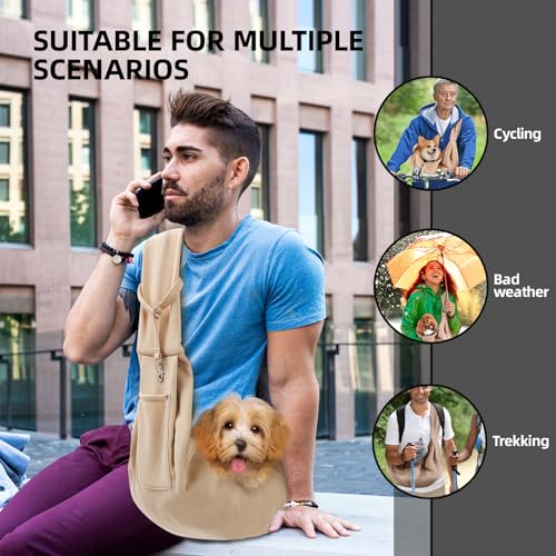 ARZQUT Dog and Cats Carrier Sling, Small Pet Carrier with Storage Pocket | Reversible Puppy Sling Carrier, Safety Buckle, Storage bag, Machine Washable for Travel, Outdoor Activitie, Hand-Free,Apricot - color: Apricot
