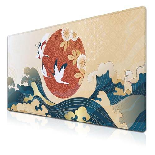 Gaming Mouse Pad Japanese Great Wave Blue Desk Pad, Big Mouse Pads Office Desk Pads, Mouse Mat Non-Slip Rubber Base Waterproof with Stitched Edges, 35.4 X 15.7 inch Oriental Pattern - color: Oriental Pattern