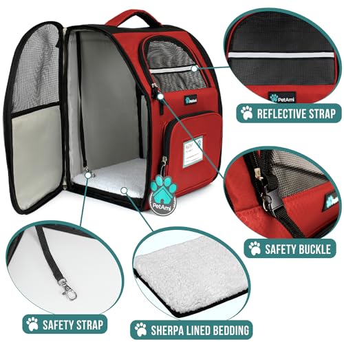 PetAmi Dog Backpack Carrier Airline Approved Cat Pet Puppy Bag, Red | Ideal for Small Medium Large Pet up to 18 lb, 2 Side Entry Structured No-Collapse Frame, Ventilated Bookbag for Hiking Travel - color: Red