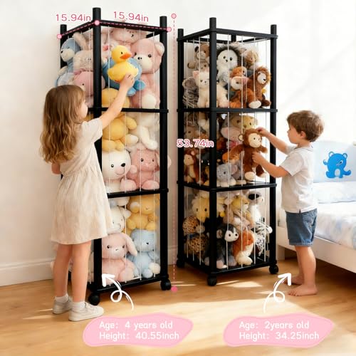 Stuffed Animal Zoo Storage with Lockable Wheels, Black | Sturdy Solid Wood Toy Organizer, Large Capacity Plush Toy Cage, Space-Saving for Toddler/Playrooms/Bedrooms - color: Black