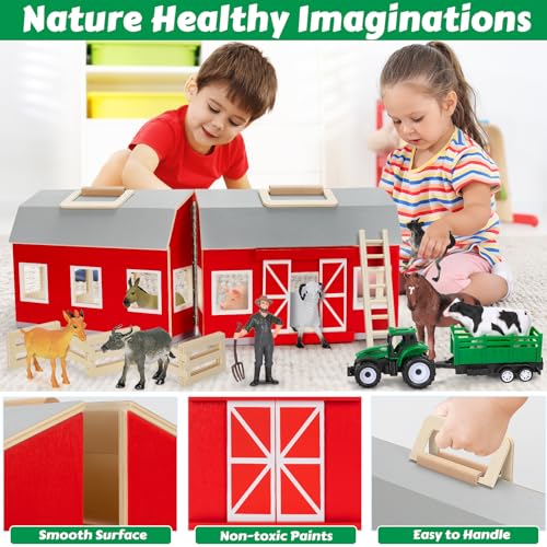 Wooden Barn Toys for Toddlers Ages 3 4 5, Farm Animals Toys for Boys Girls | Big Barn Farm with Figures Animals, Tractor Toy, Farm Playset Educational Preschool Learning Toys, Christmas Birthday Gifts