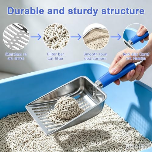 Cat Litter Scoop - Metal Cat Litter Scoop - Stainless Steel Scoop for Cats - Sturdy Metal Mesh - Rubber Handle - Easy to Clean, Suitable for Cat Litter Boxes (Blue) - color: blue