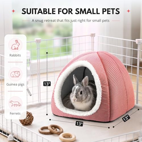 Rabbit Hideout Bed for Large Bunnies, Soft Plush Bunny House | Cozy Small Animal Hideaway with Removable Pad for Indoor Rabbits, Guinea Pigs, and Ferrets, Red - color: Red