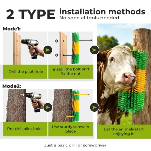 2 Pack Horse Brush Goat Scratching Post, Livestock Scratching Brush | with Cleaning Tool, Gloves, Stiff Bristle, Itch Relief, Self-grooming, Full Massage, Livestock Brushes Set Includes 8 Screws - color: Green