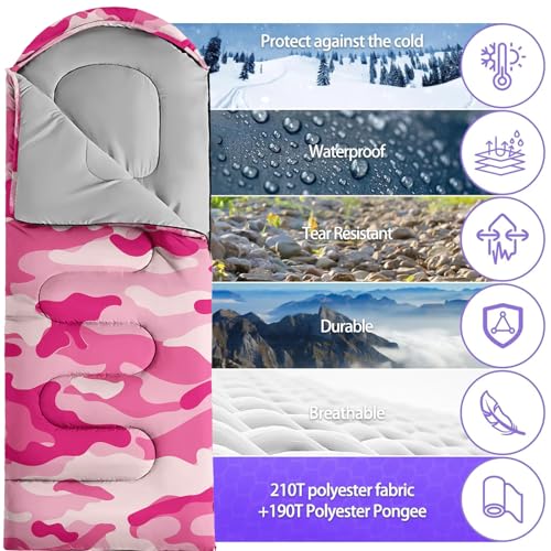 Sleeping Bags for Adults and Kids Backpacking Camping Sleeping Bags for Girls and Boys Lightweight Waterproof Cold/Warm Sleeping Bag for All Season - color: Pink Camo