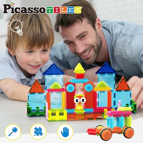 PicassoTiles Magnetic Tiles & Hedgehog 2-in1 Interlocking Brush Connector Magnet Building Blocks Construction Set Learning Playset STEM Toys Development Preschool Education Toy Toddler Age 3 Up PTE21 - style: 75 pcs 2-in1