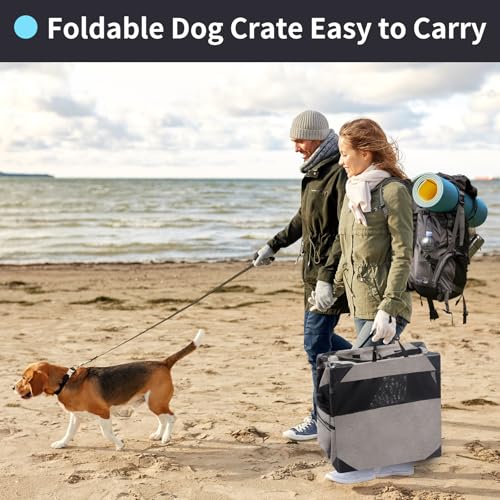 Zikopomi 30 Inch Portable Travel Dog Crate, 3 Door Collapsible Soft Pet Kennel with Durable Mesh Windows for Small and Medium Dogs, Foldable Dog Cage with Storage Pocket for Outdoor (Light Grey) - color: Light Grey, size: 30.0"L x 21.0"W x 21.0"H