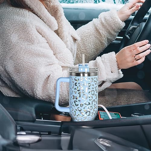 40 oz Tumbler with Handle and Straw, 100% Leak-Proof Travel Mug, Stainless Steel Double Wall Vacuum Insulated Coffee Cup Keeps Cold For 34 Hours, Dishwasher Safe, Hawkes Blue Leopard - color: Hawkes Blue Leopard