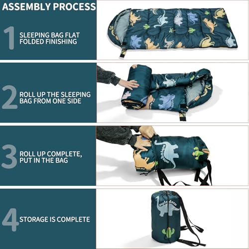 Kids Sleeping Bags - Camping Sleeping Bags with Carry Bag - Compact Sleeping Bag for Hiking, Backpacking 3 Season Warm & Cool Weather, Lightweight Waterproof Outdoor Travel for Boys Girls - color: Green Dinosaur