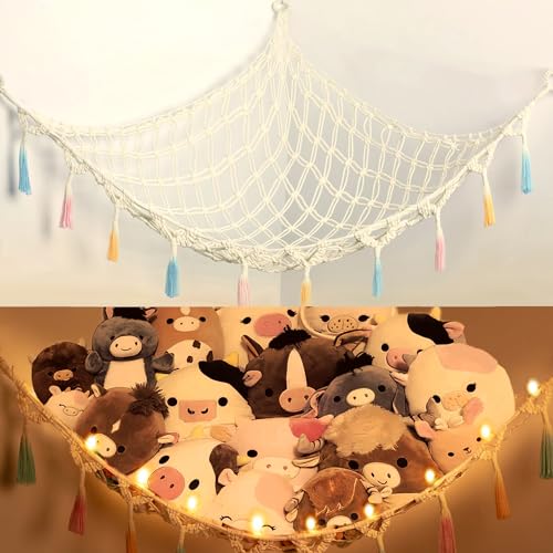 Stuffed Animal Net or Hammock with Light,Yewiwin Macrame Hanging Net Hammock for Stuffed Animal Toy Storage Organizer Boho Decor Room Holder for Nursery Play Room Bedroom (Beige(55"*55"*72")) - color: Beige(55"*55"*72")