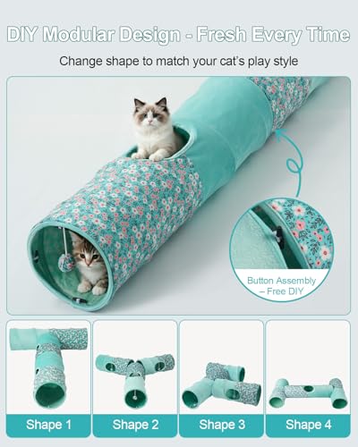 Cat Tunnel, 3 Straight Shaped Tunnels 6 DIY Shapes with Wand Toys, No Noise Scratch Resistant Cool Linen Fabric, Interactive Pet Tunnel Tube for Indoor Cats, Puppy and Rabbits - color: Blue Flower
