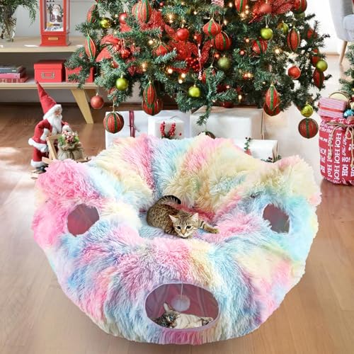 Cat Tunnel Bed, Collapsible Cat Tunnel with Washable Cushion,3-in-1 Multi-Functional Play Tunnel with Peek Holes & Ears, Indoor Playhouse for Cats Kittens Rabbits Small Dogs,Gift for Pet - color: Rainbow