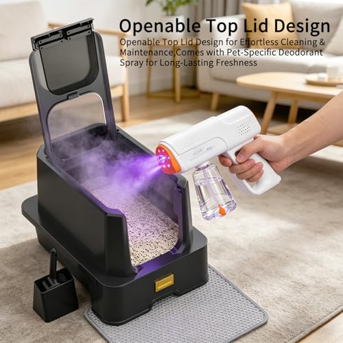 RIZZARI Enclosed Cat Litter Box: Stainless, Top Entry, Easy Clean | Built-In Deodorizer Spray / Extra Large / High Splash Sides / Top-Exit Tracking Control / Slide-Out Drawer / Apartments - color: Carbon black with gun