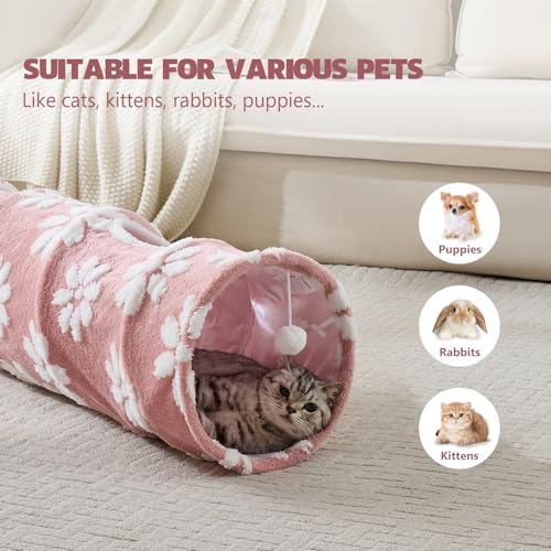 Straight Cat Tunnel for Indoor Cats 47"x12", Pink Flower | Cute Cat Toys, Collapsible Tunnel Tube with Hanging Balls for Puppy Kitten Rabbit - color: Pink Flower, size: Straight