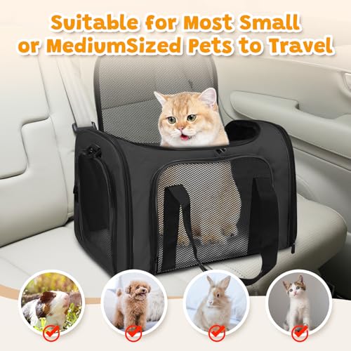 Cat Carrier Soft Up to 16 Lbs, Breathable Pet Travel Bag with Steel Frame | Lockable Zippers, Fits Small Dog, Kitten, and Rabbit,Medium Travel Carrying Case for Kennel Car Airline Transport，Black - color: Black, size: 17.0"L x 11.0"W x 11.0"H