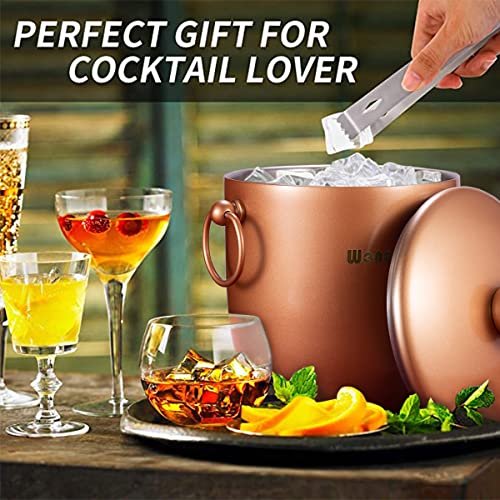 Ice Bucket with Lid, Scoop, Tongs and Strainer - Well Made Insulated Stainless Steel Keep Ice Frozen Longer - Ideal for Cocktail Bar, Parties, Chilling Wine, Champagne - 3 Liter (Copper) - color: Copper