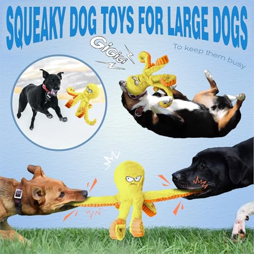 LEGEND SANDY Tough Dog Toys, Squeaky Large Dog Toy, Stuffed Puppy Chew Toys | Soft Fabric, Interactive Daily Companionship, Tug of War Doggie Toy, Training Reward, Crinkle Yellow Octopus - color: Yellow Octopus