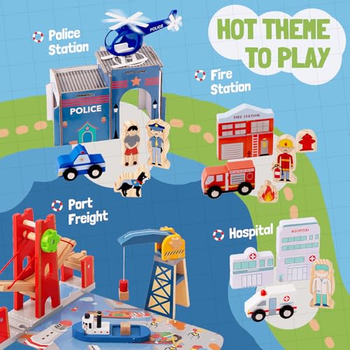 Giant bean 117 Pcs Busy Port City Wooden Train Set for Kids | Expandable & Changeable Wooden Train Track Set Toy, for Boys & Girls Ages 3-14 - color: 117pcs City Train Set