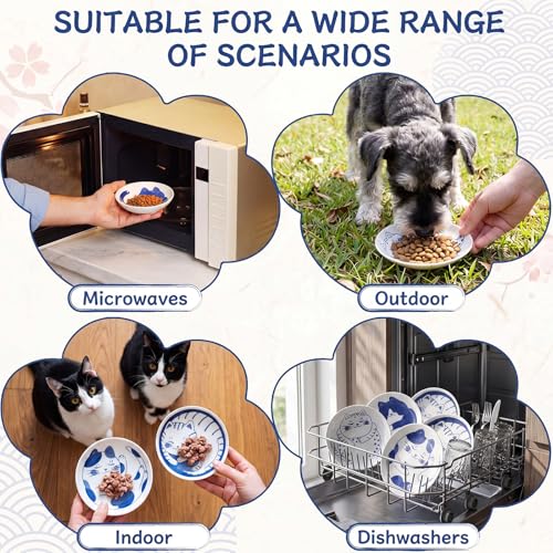 8 Pcs Kawaii Cat Ceramic Bowls Set, 4 Inch Shallow Cats Dishes Food Plates for Wet Food Treats and Snacks, Japanese Style Cute Bowls for Small Pets, Gifts for Cat Lover