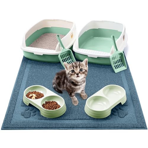 Sliner 7 Pcs Kitten Litter Box Starter Kit, 2 Plastic Small Kitty Litter Box Training Low Entry with Scoop, 2 Double Cat Bowl and Mat for Kitten Indoor(Green) - color: Green