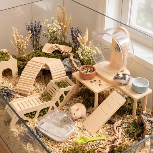 BreezeHug 4 Pcs Hamster Cage Accessories Hamster Platform Hideout Wooden Tunnel Ladder Playhouse Game Climbing Toy with Platform for Pets Dwarf Syrian Mice Degus Gerbils Squirrel(Wood) - style: Wood