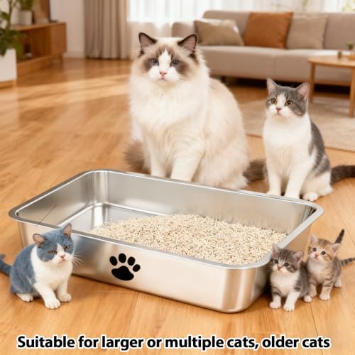 Stainless Steel Cat Litter Box, Large Metal Litter Pan,Low Entry for Cats and Kitty Rabbits,Elder Cats,Easy Clean, Non Stick Litter Box, No Smell - size: 20" x 14" x 4"