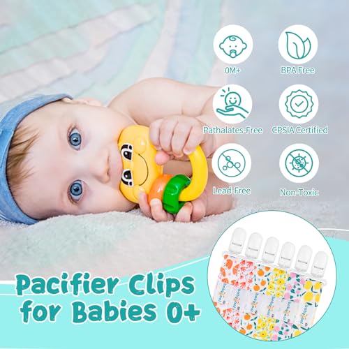 babygoal Floral Pacifier Clips, 6 Pack Binky Paci Holder Clips Leashes Fits for Most Baby Pacifiers and Binkies - color: Lemon and orange