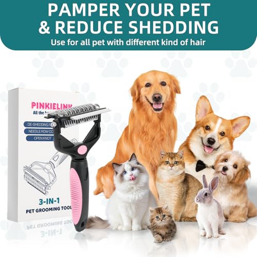 3-IN-1 Pet Grooming Tool - Undercoat Rake, Dematting Comb & Deshedding Brush for Cats, Dogs, Horses - Removes Mats, Tangles & Loose Fur, Reduces Shedding & Prevents Hair Mess (Pink) - color: Pink
