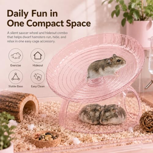Silent Hamster Wheel with Hamster Hideout, Quiet Flying Saucer Exercise Wheel for Dwarf Hamsters, Stable Running Wheel, Small Animal Cage Accessory, Easy to Clean (Pink) | 2-in-1 flying saucer wheel with hideout, quiet spin, wide track, clear body, stable