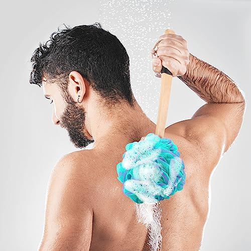 FORENEE Green and Purple Loofah on a Stick, PE Mesh Back Scrubber | Soft PE mesh for rich lather and gentle cleansing; water-resistant coated wood handle, non-slip rubber grip and hanging loop - style: Green