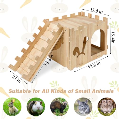 YUEPET Wooden Rabbit Castle with Ramp, Bunny Castle & Rabbit House Hideout | Large Bunny House with Ramp, Poplar Plywood Panels, Tool-Free Assembly, 16 Rubber Rings, Indoor Rabbit Hideaway - size: Rabbit Castle+Ramp