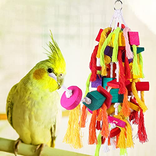 Rypet Parrot Toys Large Bird Toys, Wood Rope Cage Bite Toy for Cockatiels | Bird Toys for Parrots Rope, Natural Wood Chew Blocks, Cotton Knots for Tearing, Cage Hanging Play, Conures Cockatiels Amazon
